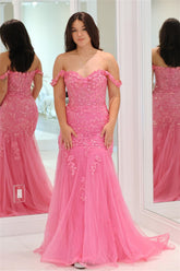 2025 Pink Floral Lace Formal Dresses Mermaid Off-Shoulder - MyChicDress